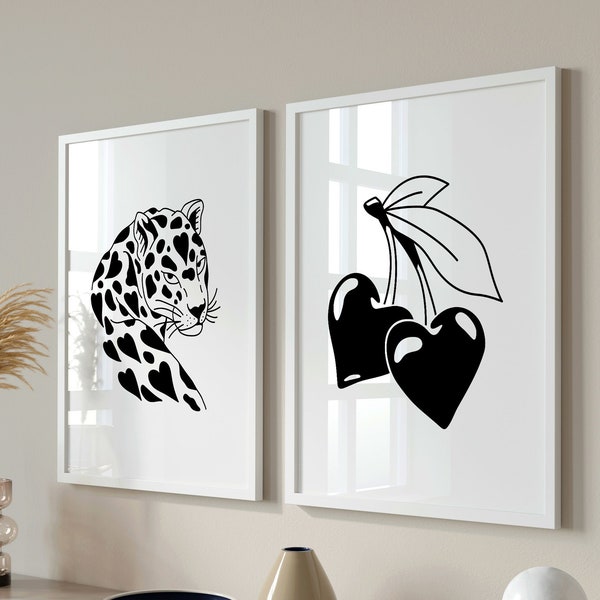 Trendy Retro Wall Art Set Of 2, Set Of 2 Prints,  Retro Trendy Aesthetic Print, Leopard Poster, Cherry Poster Aesthetic, Heart Printable