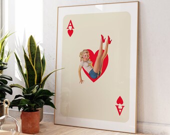Ace of Hearts Poster, Funky Art Print, Retro Trendy Ästhetischer Druck, Ace Karte Poster, trendige Wandkunst, Ace of Hearts Karte, Retro Prints