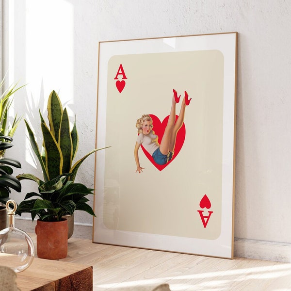 Ace of Hearts Poster, Funky Art Print, Retro Trendy Aesthetic Print,  Ace Card Poster, Trendy Wall Art, Ace of Hearts Card, Retro Prints