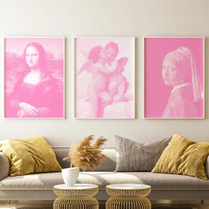 Set Of 3 Prints, Pink Prints, Monalisa, Girl With Earring, Wall Art Prints Trendy, Wall Art Printable, Set Of 3 Wall Art, 3 Prints Modern