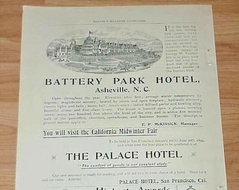 1894 Magazine Ad For The Battery Park Hotel, Ashville N. Carolina and The Palace Hotel San Francisco California