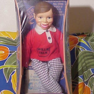 Vintage WILLIE TALK 24&quot; Ventriloquist Dummy Doll still in Sealed Horsman Dolls Display box with &#39;How To&#39; Ventriloquist guide still attached