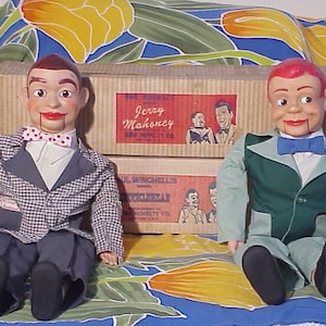 Rare Pair -KNUCKLEHEAD SMIFF and Jerry Mahoney - 24" Ventriloquist Dummy Dolls with original Boxes by Juro Novelty 1960s - Mouths Work