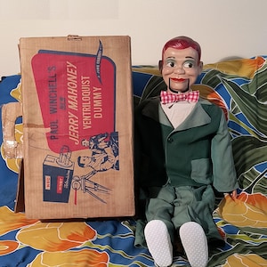 Mouth Upgraded JERRY MAHONEY 32&quot; Semi-Professional Hollow Body Ventriloquist Dummy - Juro Novelty Co. 1960s With Juro Box - Mouth Works