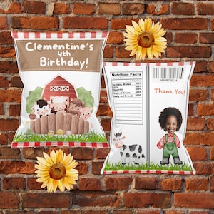 Sac à chips modifiable anniversaire ferme, anniversaire des animaux de la ferme, modèle de sac à chips, Oink Baa Moo I&#39;m Two, cadeaux personnalisés, thème 2e anniversaire
