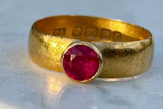 Edwardian 22k Round Ruby Ring Harry Atkins 1916 B… - image 2