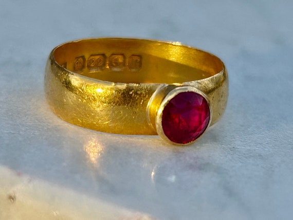 Edwardian 22k Round Ruby Ring Harry Atkins 1916 B… - image 4