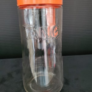 Vintage TANG Glass Pitcher with Orange Plastic Lid and Handle