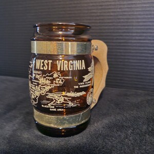 Vintage Siesta Ware West Virginia Brown Glass Souvenir Mug with Wood Handle