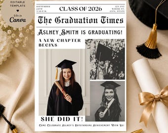 Class of 2026 Graduation Newspaper Invitation: Editable Canva Template (Digital Download)