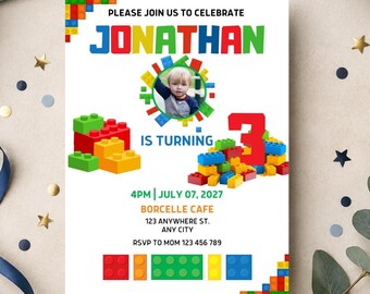 Editable Building Blocks Birthday Invitation: Canva Template (5x7" Printable Digital Download)