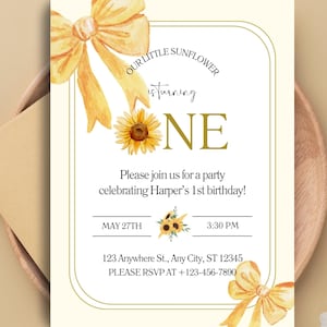First Birthday Invitation, Coquette Sunflower Girl Birthday Invite, Floral 1st Birthday Card, Editable Canva Template