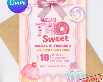 Two Sweet Birthday Invitation Template: Editable DIY Canva Template (5x7" Printable, Digital Download)