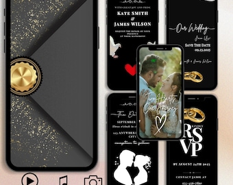 Animated Wedding Invitation: Elegant Black & Gold Evite (Digital Download MP4 Video Template)