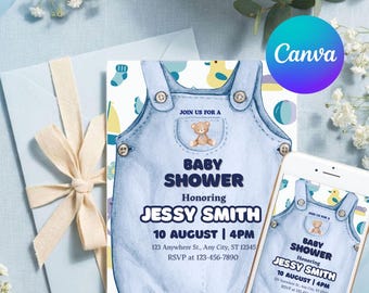 Invitación para baby shower de niño: Plantilla de Canva con diseño de jeans azules (descarga digital)