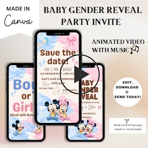 Invitación digital para fiesta de revelación de género de bebé con música / Invitación animada editable para fiesta de revelación de género de Mickey y Minnie Mouse, fácil de editar en Canva
