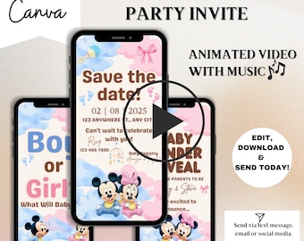 Mickey & Minnie Gender Reveal Invitation: Animated Digital Video (Canva Editable)