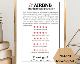 May include: A printable guide explaining the Airbnb star rating system. The guide includes a visual representation of the star rating system with five stars for each rating category. The categories are: I enjoyed my stay here, There are many issues to fix, Major problems with my stay, This should not be listed, I left early, this was so terrible. The guide also includes the text "Thank you!" and "INSTANT DOWNLOAD".