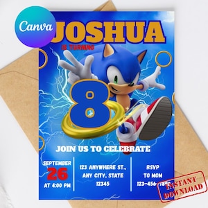 Sonic the Hedgehog Birthday Invitation: Editable Canva Template (Digital Download 5x7&quot; Portrait)