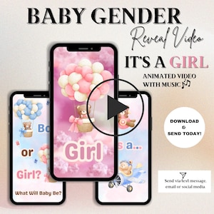 It&#39;s a Girl Digital Gender Reveal Video | Teddy Bear Animated Electronic Gender Reveal Announcement Video with Music | Instant Download