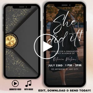 Animated Graduation Invitation Video: Black and Gold E-Invite (Digital Download)