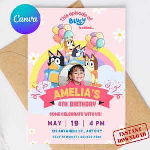Bluey Birthday Invitation: Girl&#39;s Party, Pink Flowers (Editable Canva Template, Digital Download