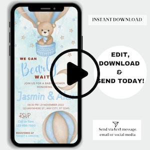 Digital Baby Shower Invitation Templates | Teddy Bear Hot Air Balloon Theme | Baby Boy Baby Shower Evite | Instant Download