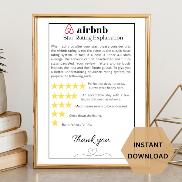 Airbnb Reviews Sign, Rating Guide Sign, Short Term Rental Rating Explanation, Airbnb Host Essential, Hosting Signs, Five Star Sign STR