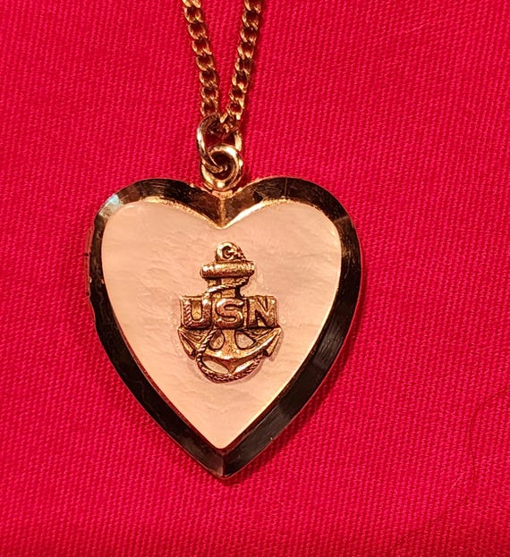 Vintage USN Heart Locket Necklace, Mother of Pearl Navy Locket, Gold Filled USN heart locket