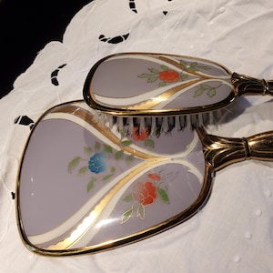 Vintage Hand Mirror and Brush set, Blue MCM Flower vanity brush set