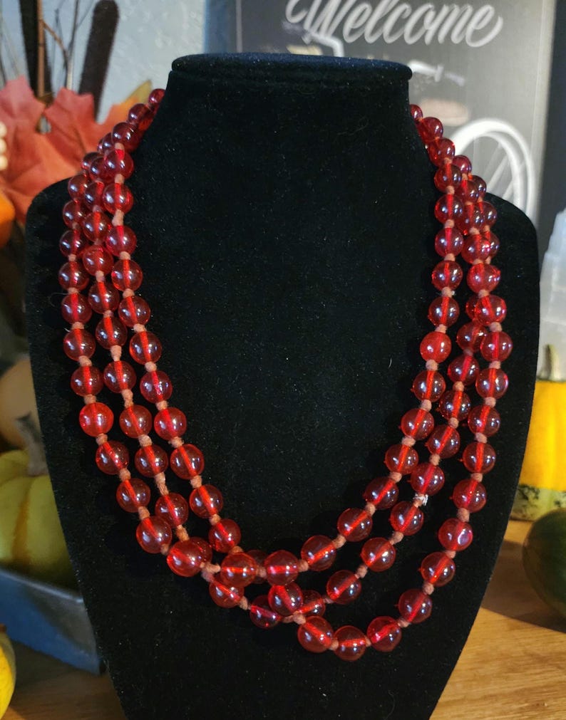 Flapper On Hand Vintage Ruby Red Czech Glass Bead Necklace, Long Hand Knotted Flapper ...