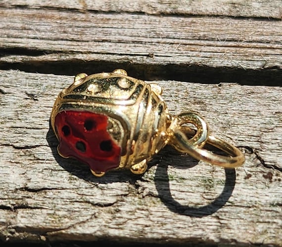 10kt Solid Gold Enamel Ladybug Charm Pendant, Good Luck Symbol