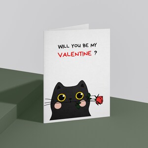 Cartão fofo para impressão do dia dos namorados - gato preto com rosa, presente para ele, ela, amor 2024, cartão postal fofo, download digital instantâneo, desenhado à mão