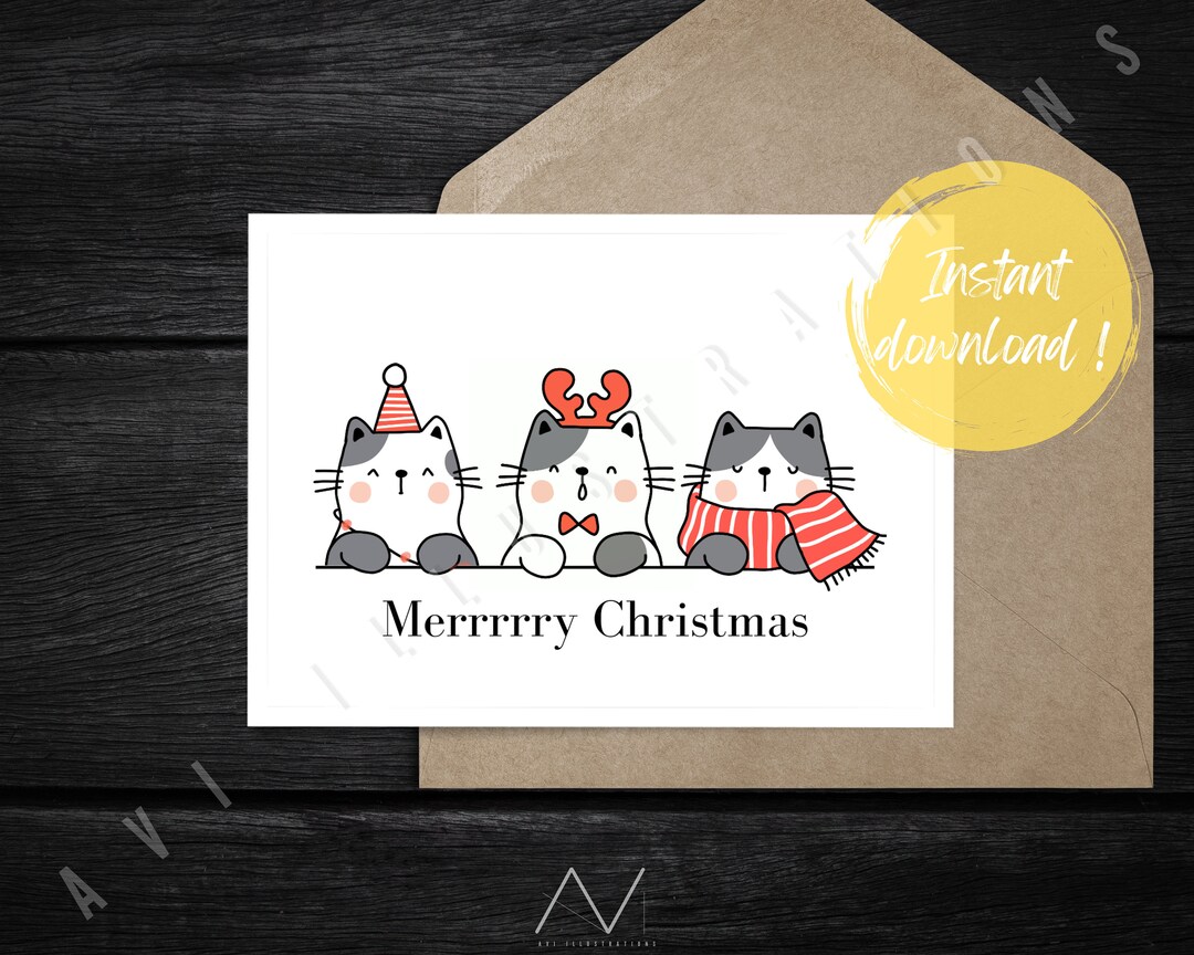 Printable Cute Cat Christmas Card Digital Download Etsy