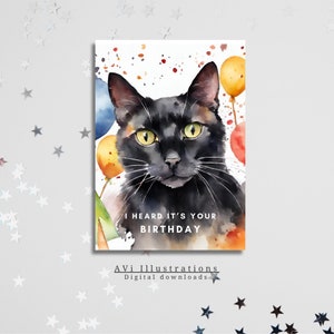 Printable Funny Happy Birthday Greeting Card - Watercolor Cute Black Cat with Balloons
