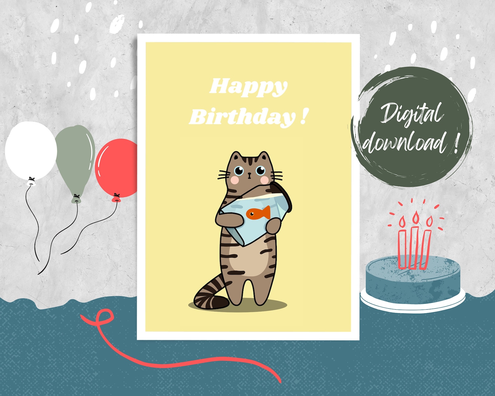 Printable Cute Tabby Cat Birthday Card for Family Friends - Etsy