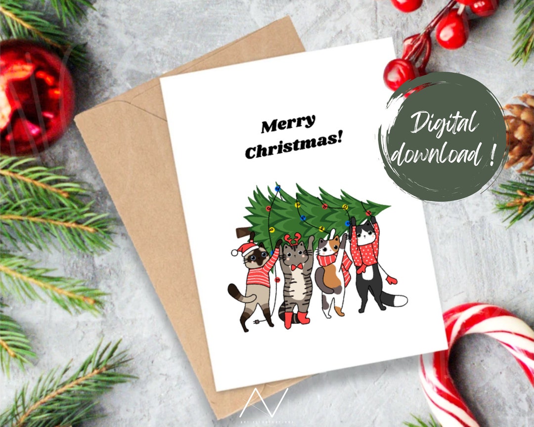 Printable Cute Cat Christmas Card Instant Digital Download - Etsy