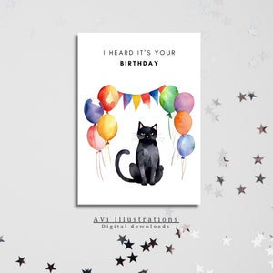 Cartão de feliz aniversário para imprimir - gato preto fofo em aquarela
