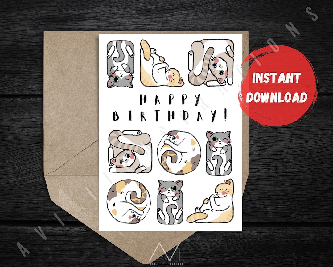 Printable Cute Cats Birthday Greeting Card Geometrical Card - Etsy