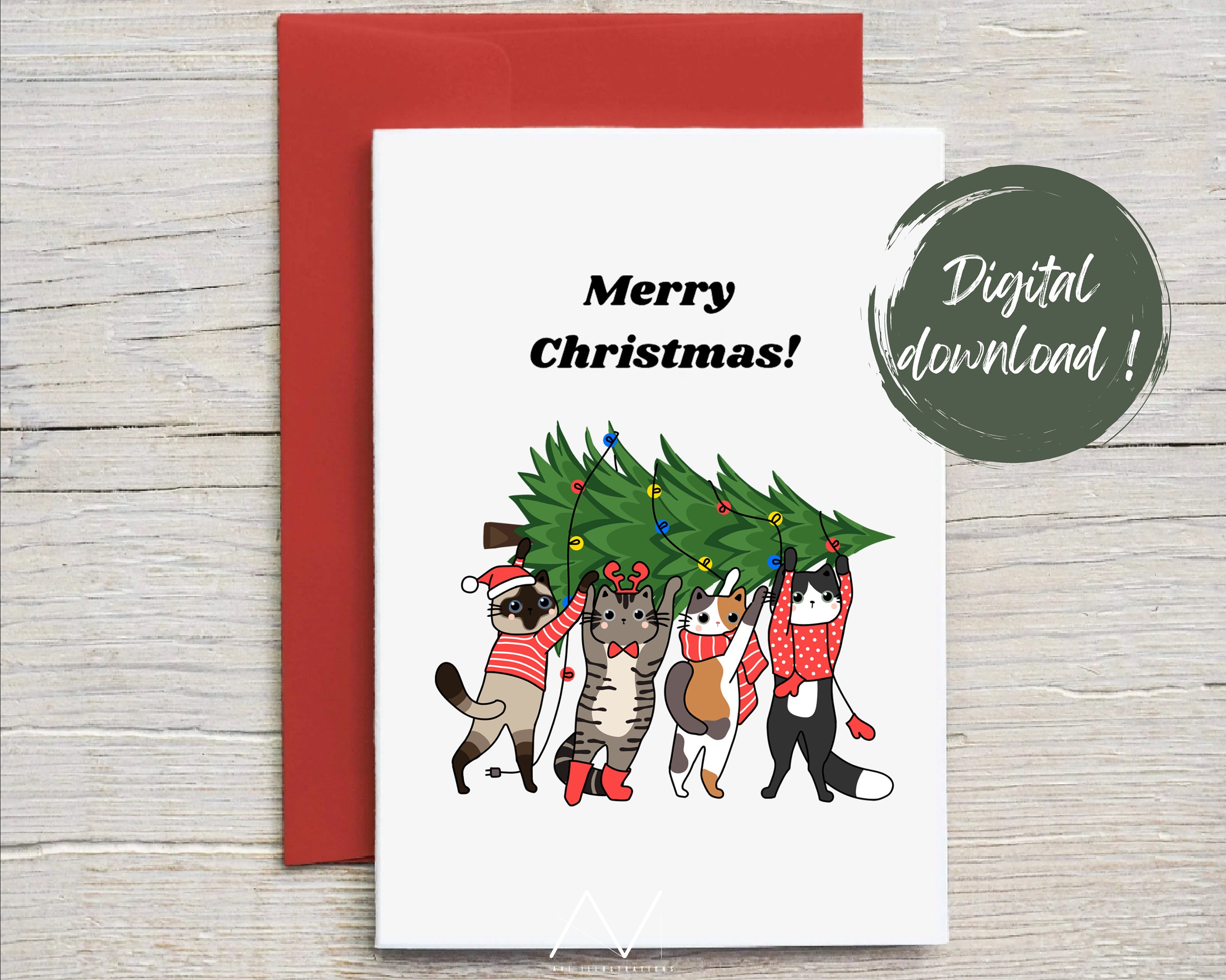 Printable Cute Cat Christmas Card, Instant Digital Download, Minimalist ...