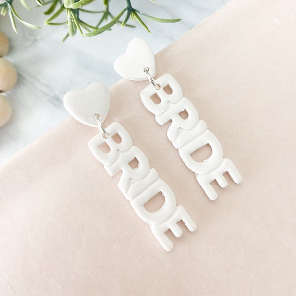 Bride Earring for Bachelorette Party Jewelry for Bride to Be Earring Bridal Shower Gift Handmade Clay Bridal Earring White Heart Statement