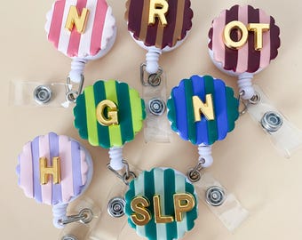 Letter Badge Holder Custom Striped ID Holder Retractable Card Holder Work ID Hospital Staff Gift Idea Medical Badge Holder Gift Under 20