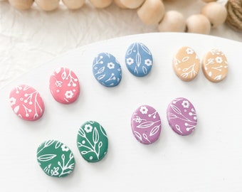 Clay Floral Earring Stud Pack Handmade Colorful Flower Earring Unique Gift for Women Stocking Stuffer Oval Stud Earring Everyday Boho Stud