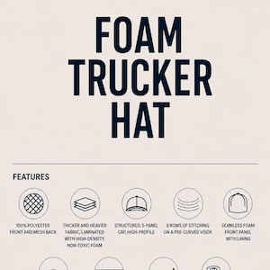 May include: An OTTO foam trucker hat product information sheet. Features include 100% polyester front and mesh back, high-density foam, structured 5-panel high-profile design, 8 rows of stitching on a pre-curved visor, matching fabric undervisor, braid, sweatband, and an adjustable plastic snap.
