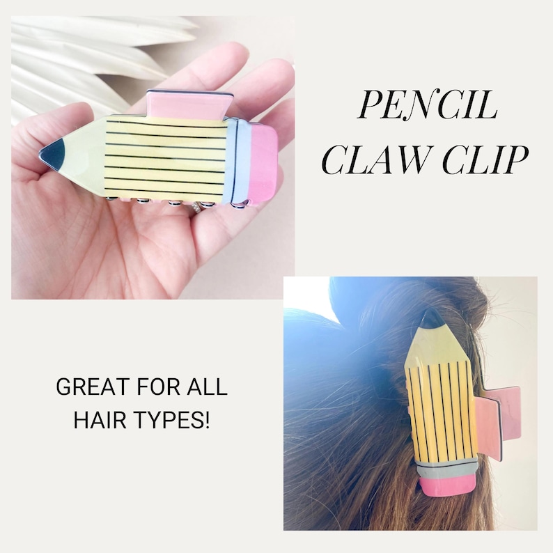 K&ouml;nnte beinhalten: Eine gelbe und rosafarbene Haarklammer in Form eines Bleistifts. Die Klammer hat schwarze Linien und einen rosa Radiergummi. Der Text "PENCIL CLAW CLIP" ist in Wei&szlig; auf schwarzem Hintergrund geschrieben. Der Text "GREAT FOR ALL HAIR TYPES!" ist in Schwarz auf wei&szlig;em Hintergrund geschrieben.