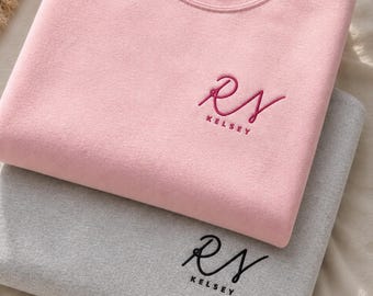 Embroidered Sweatshirt Nurse Custom Sweater for Work Hospital Staff Gift Idea New Registered Nurse Apparel Cute Nurse Sweatshirt Pink RN