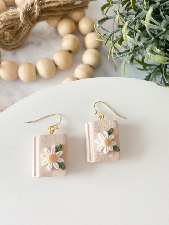 Book Dangle Statement Earring for Book Lover Gift for Book Enthusiast Cute Flower Dangle Earring Handmade Lightweight Unique Book Jewelry