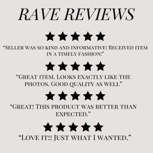 May include: A graphic with the words "RAVE REVIEWS" in a stylish font. Below are four sets of five black stars, each followed by a customer review quote. The quotes praise the item's quality and the seller's service.
