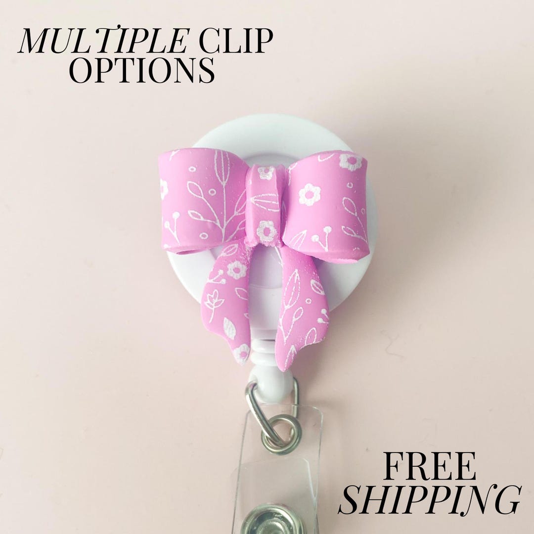 Clay Bow Badge Reel Cute Pink Bow Badge Retractable Clip for ID Holder ...