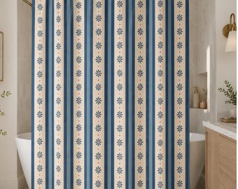 Cortina de chuveiro listrada, moderna, com furos, para decoração de banheiro de hóspedes, cortina floral para banheiro, cortina exclusiva para banheiro feminino, azul.